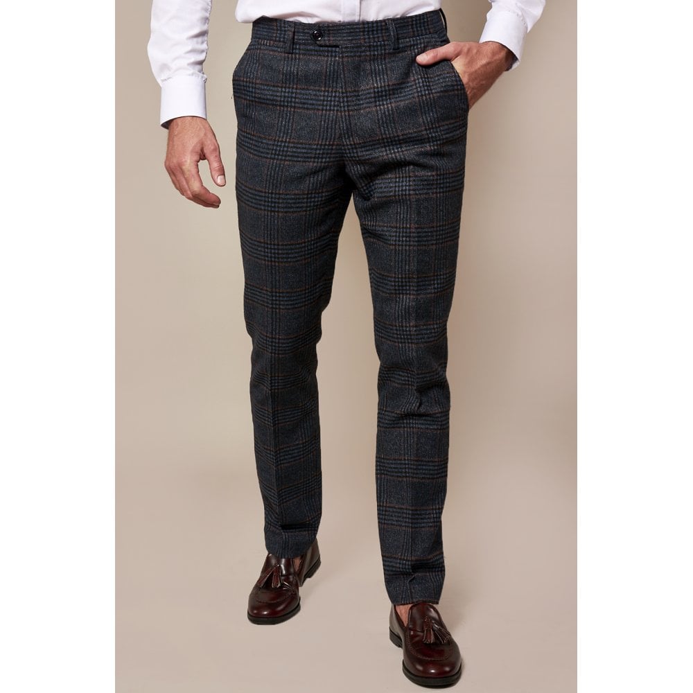 MARC DARCY LUCA TWEED CHECK TROUSERS NAVY