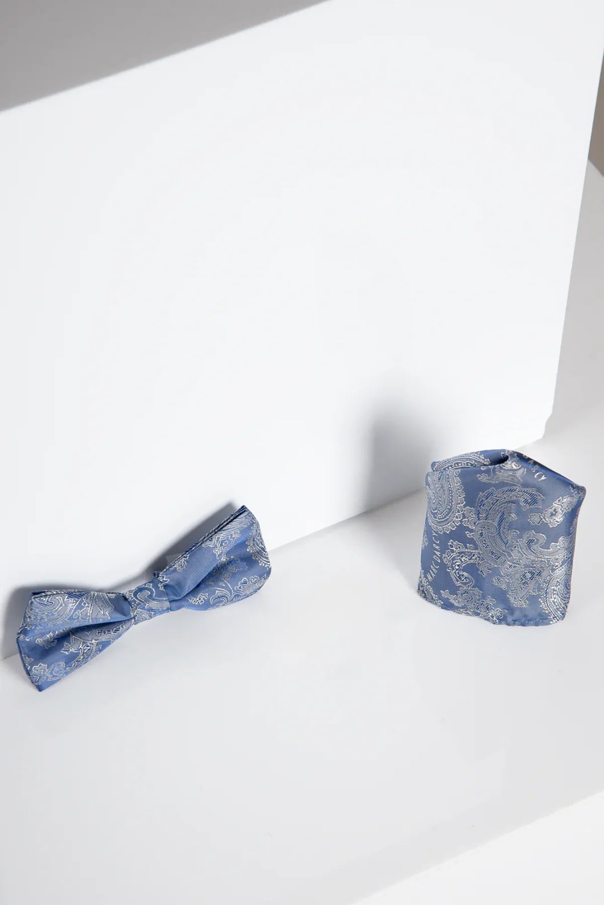 Marc Darcy Paisley Bow Tie and Pocket Square Set - Sky Blue