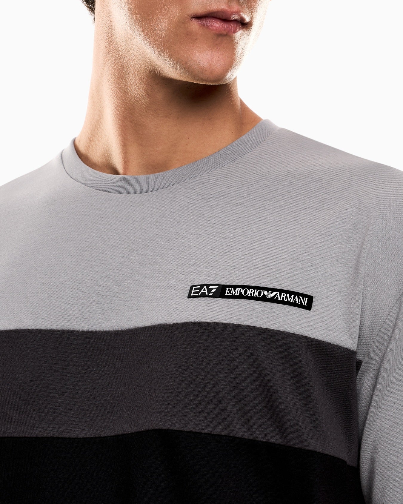 EA7 Emporio Armani 7M000935 Athletic Colour Block Cotton-Blend Crew-Neck T-Shirt - Grey