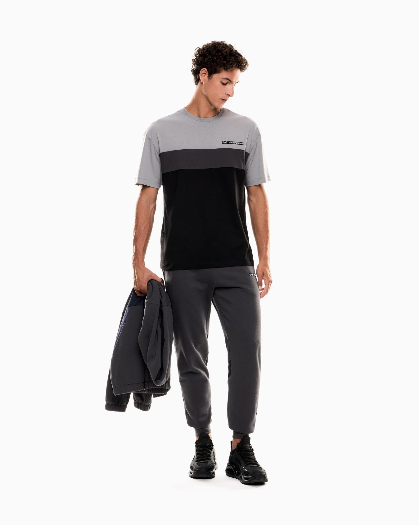 EA7 Emporio Armani 7M000935 Athletic Colour Block Cotton-Blend Crew-Neck T-Shirt - Grey
