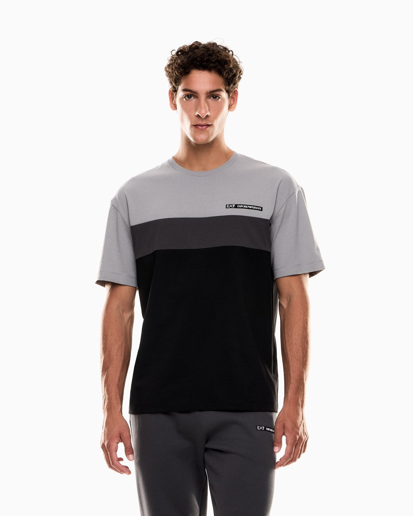 EA7 Emporio Armani 7M000935 Athletic Colour Block Cotton-Blend Crew-Neck T-Shirt - Grey