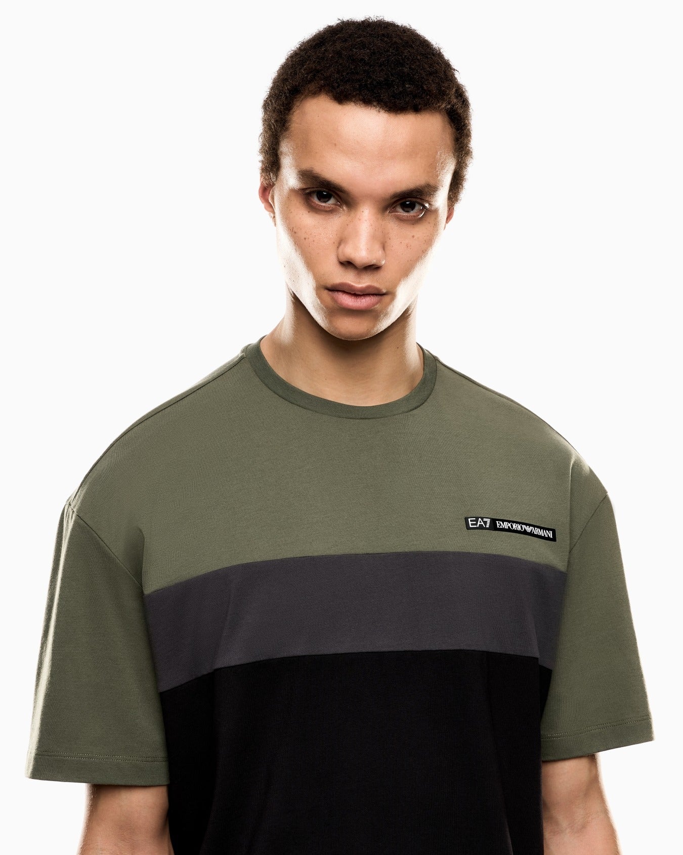 EA7 Emporio Armani 7M000935 Athletic Colour Block Cotton-Blend Crew-Neck T-Shirt - Green