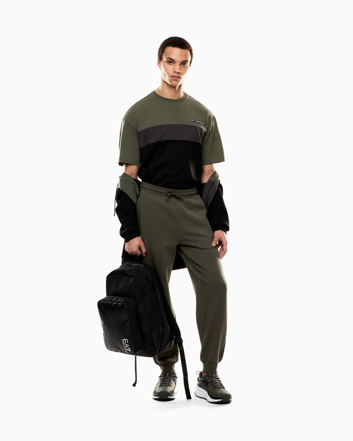 EA7 Emporio Armani 7M000935 Athletic Colour Block Cotton-Blend Crew-Neck T-Shirt - Green