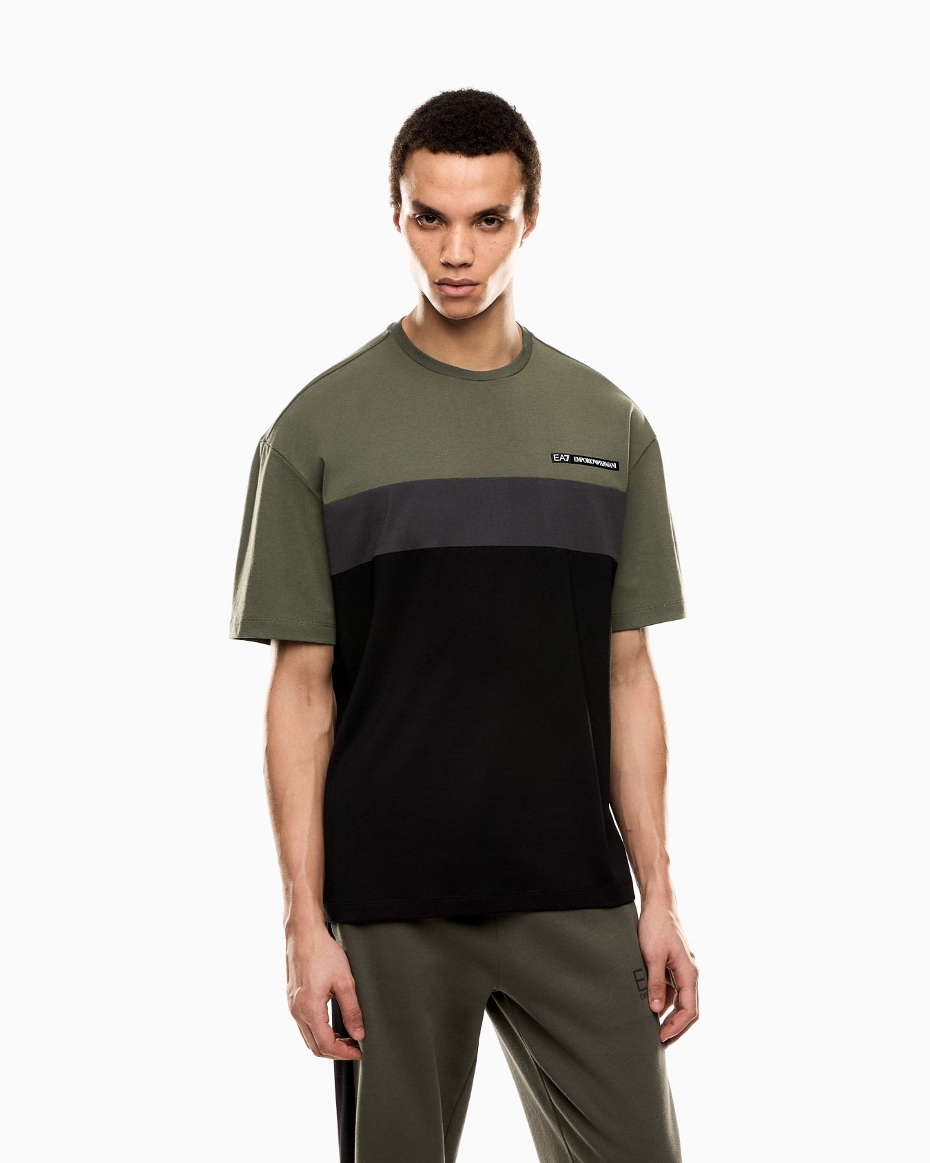 EA7 Emporio Armani 7M000935 Athletic Colour Block Cotton-Blend Crew-Neck T-Shirt - Green