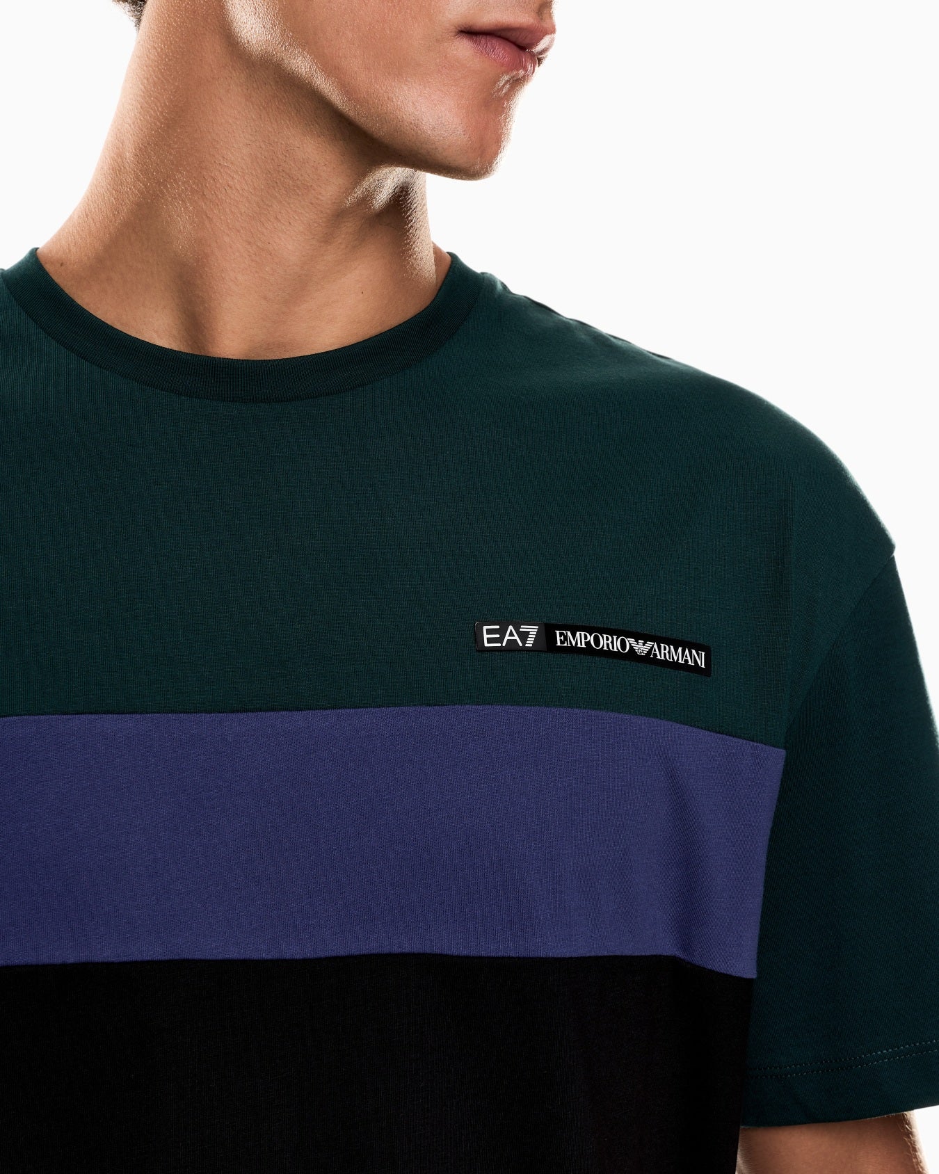 EA7 Emporio Armani 7M000935 Athletic Colour Block Cotton-Blend Crew-Neck T-Shirt - Pine Green