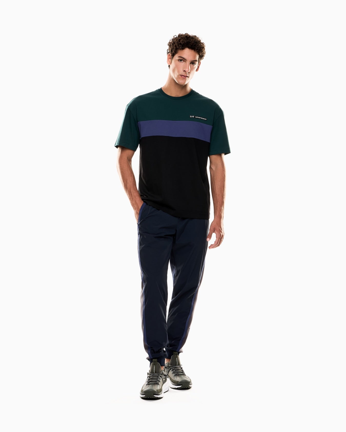 EA7 Emporio Armani 7M000935 Athletic Colour Block Cotton-Blend Crew-Neck T-Shirt - Pine Green