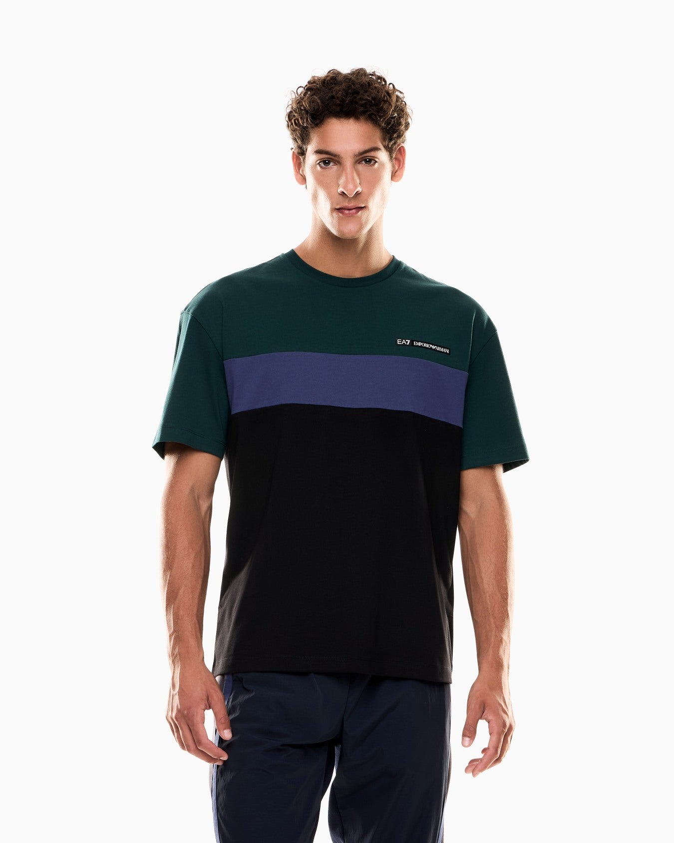 EA7 Emporio Armani 7M000935 Athletic Colour Block Cotton-Blend Crew-Neck T-Shirt - Pine Green