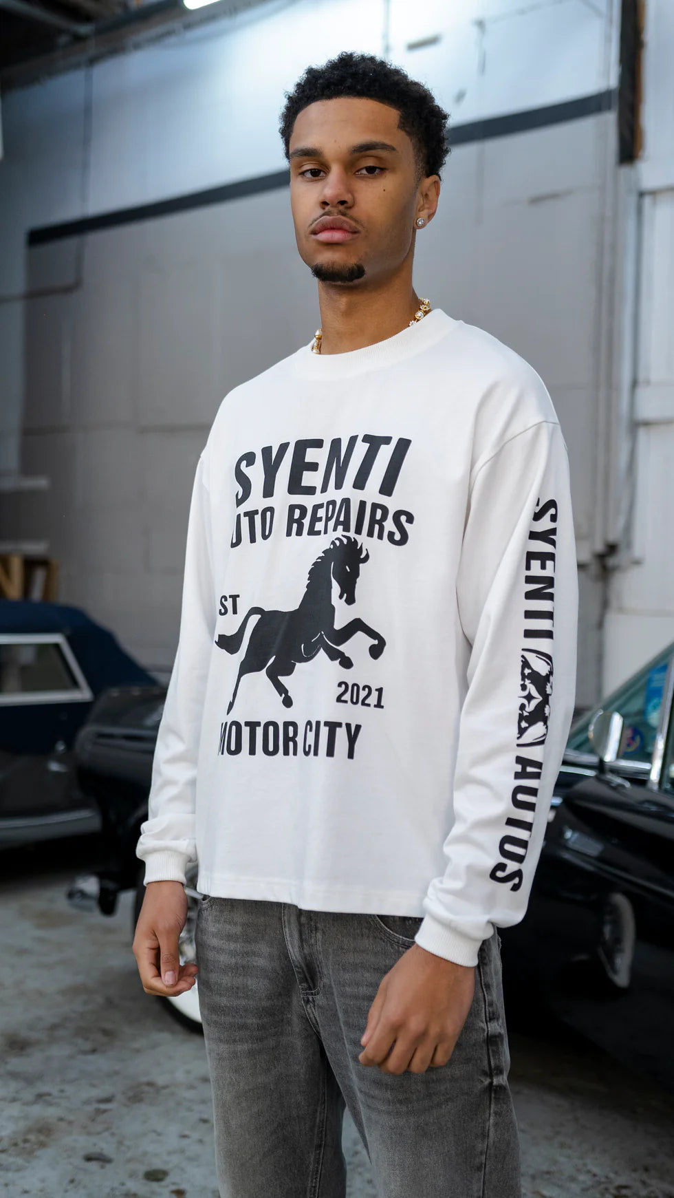 Syenti Motor City Long Sleeve T-Shirt Off White
