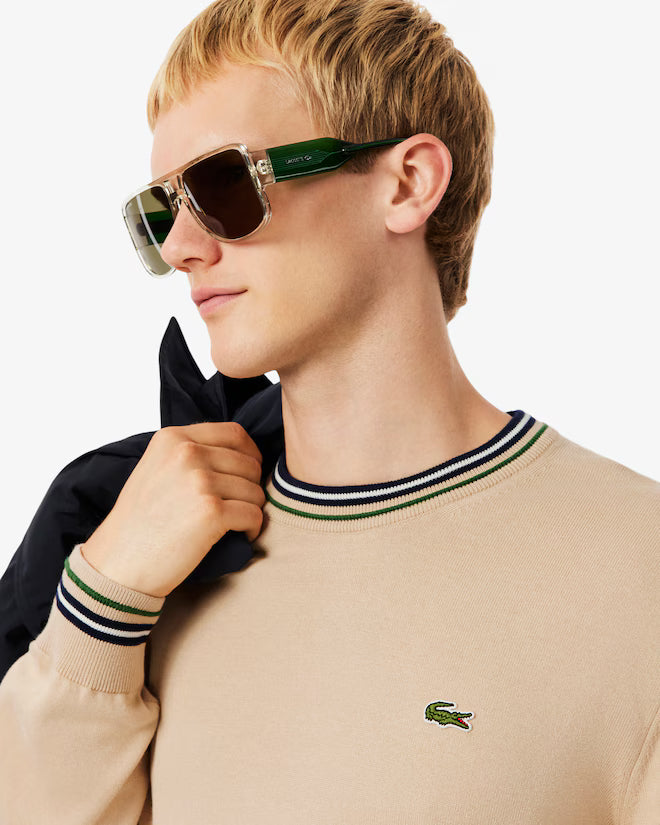 Lacoste AH5158 Striped Cotton Jersey Sweater - DV0 Beige/Navy Blue
