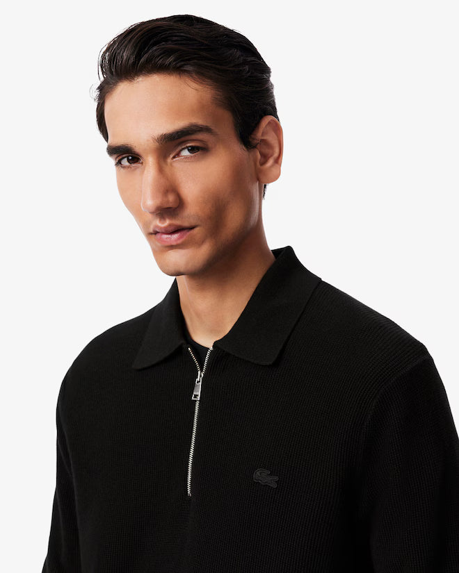 Lacoste AH5187 Cotton & Wool Blend Half-Zip Polo Collar Sweater - 031 Black
