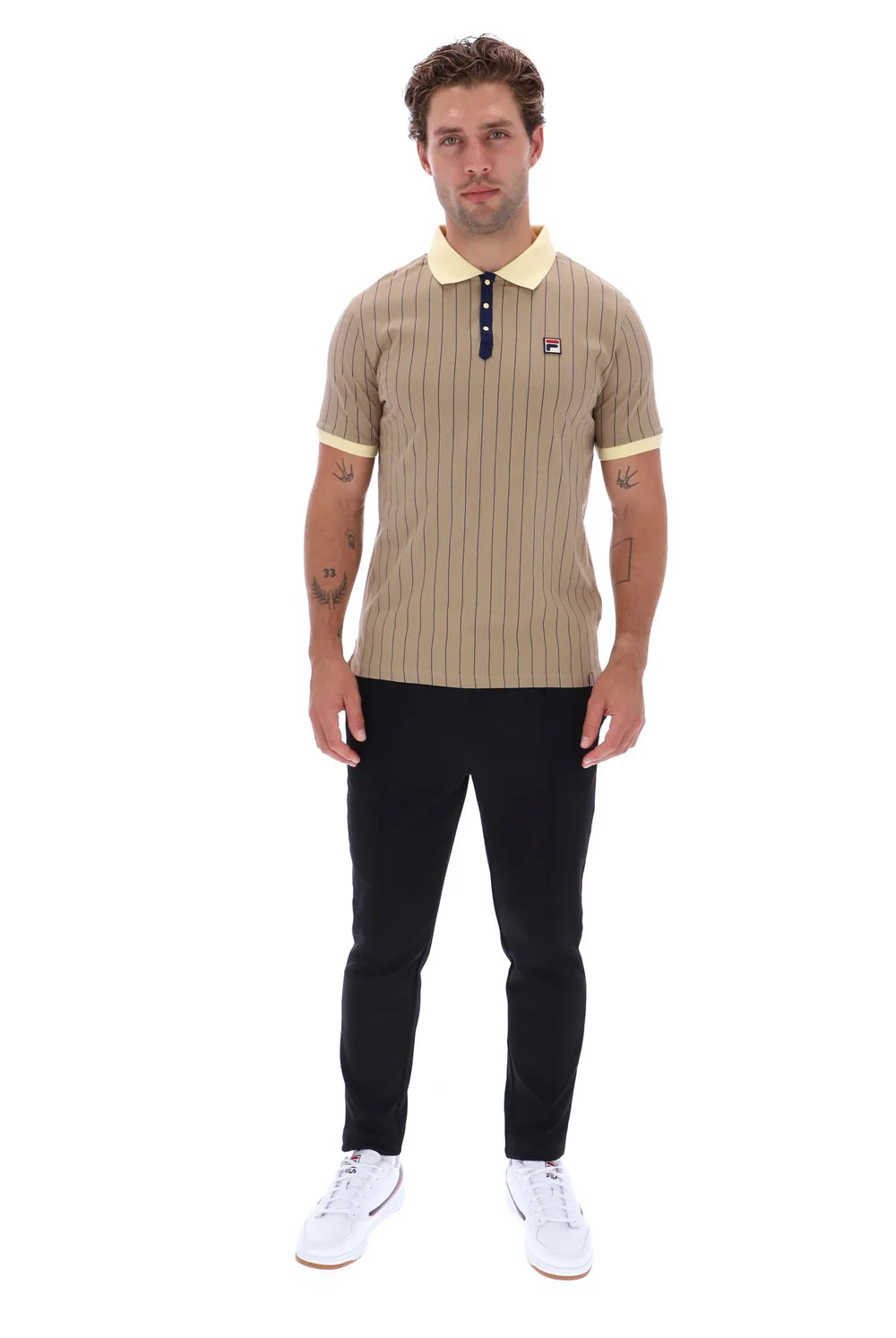 Fila LM1839AT Classic Vintage Striped Polo T-Shirt 223 - Chinchilla/Double Cream/Fila Navy