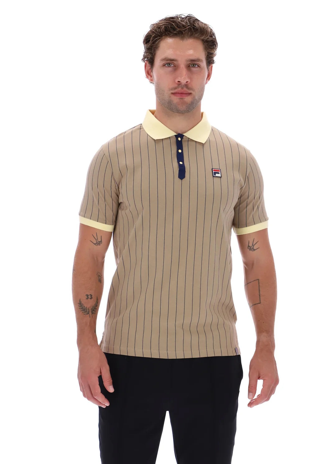 Fila LM1839AT Classic Vintage Striped Polo T-Shirt 223 - Chinchilla/Double Cream/Fila Navy
