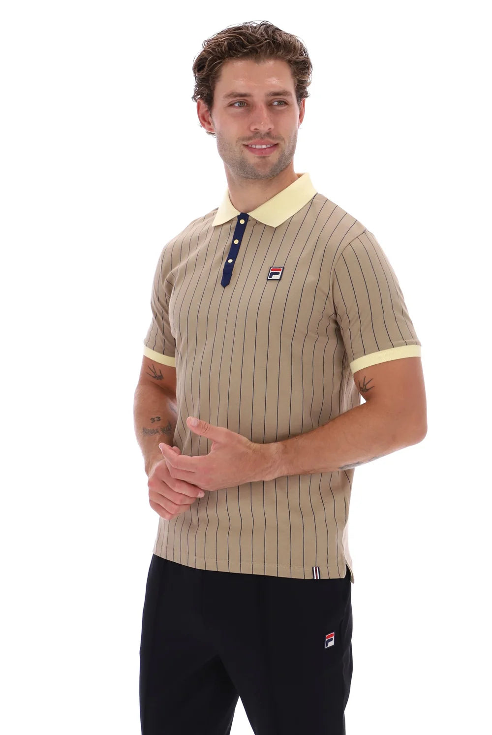 Fila LM1839AT Classic Vintage Striped Polo T-Shirt 223 - Chinchilla/Double Cream/Fila Navy