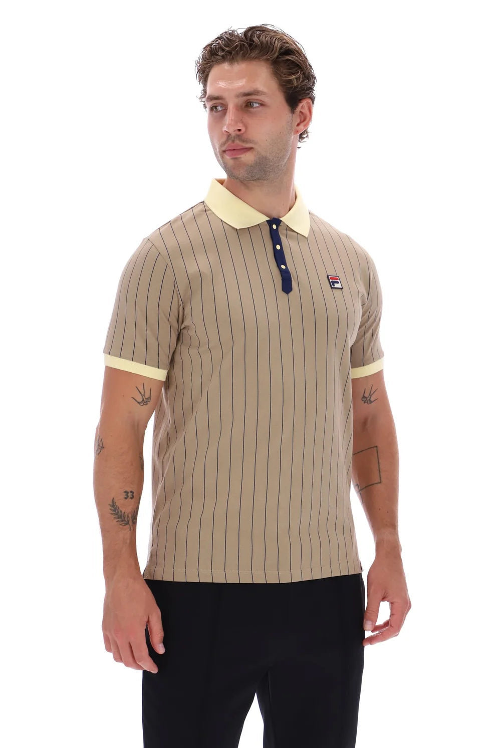 Fila LM1839AT Classic Vintage Striped Polo T-Shirt 223 - Chinchilla/Double Cream/Fila Navy