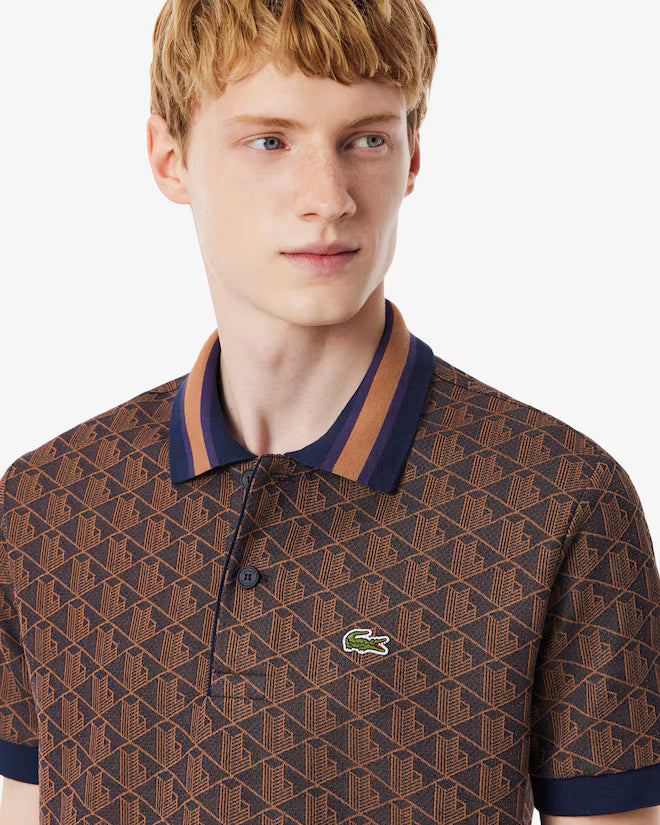 Lacoste DH1417 Classic Fit Monogram Jacquard Polo Shirt - 914 Purple/Brown