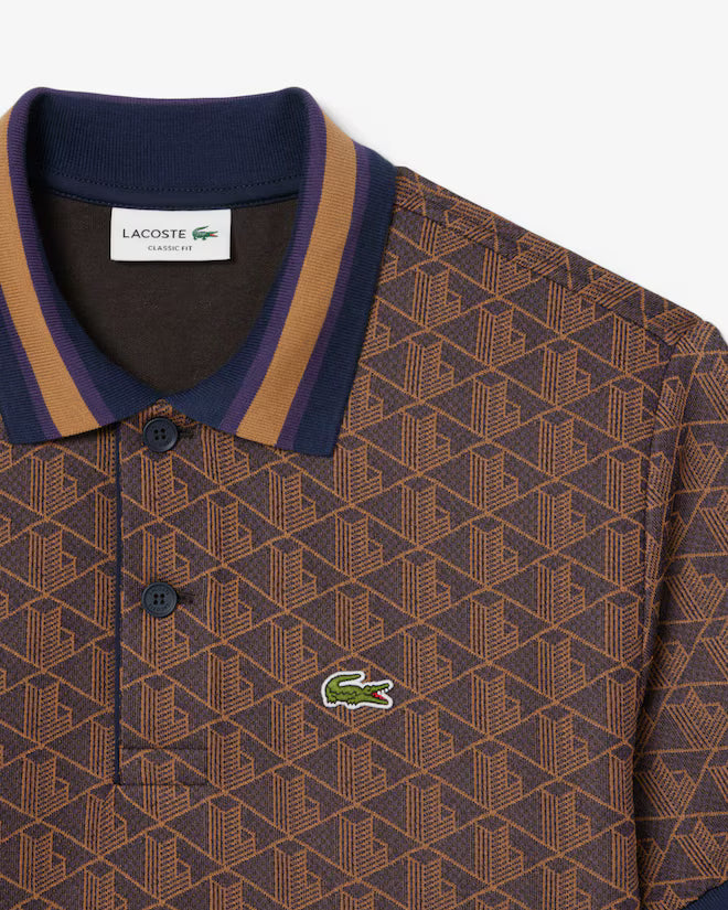 Lacoste DH1417 Classic Fit Monogram Jacquard Polo Shirt - 914 Purple/Brown