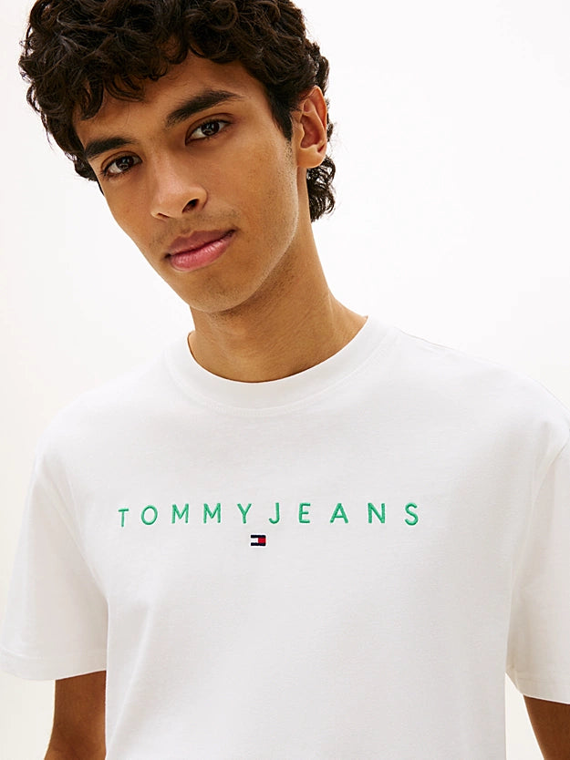 Tommy Jeans Linear Logo Embroidery Jersey T-Shirt - Ecru/Bahama Green