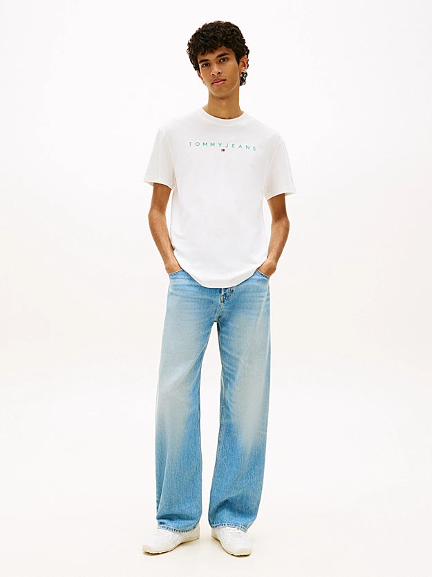 Tommy Jeans Linear Logo Embroidery Jersey T-Shirt - Ecru/Bahama Green