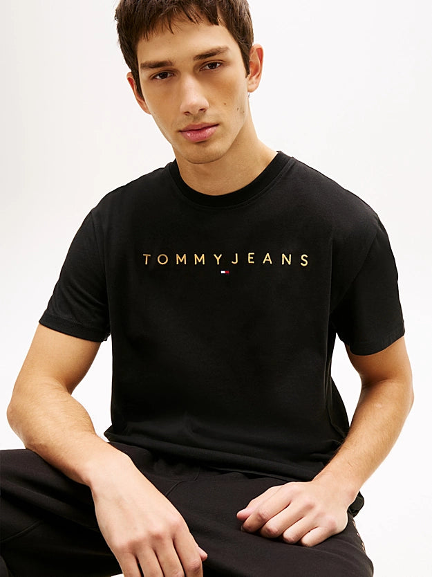 Tommy Jeans Linear Logo Embroidery Jersey T-Shirt - Black/Faded Sun Kiss