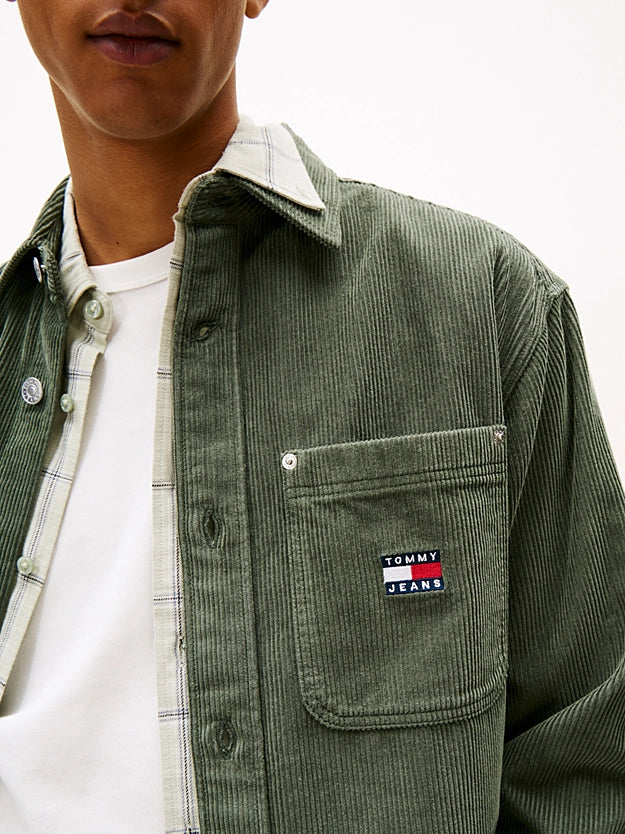 Tommy Jeans Logo Relaxed Fit Cord Overshirt Pewter Green