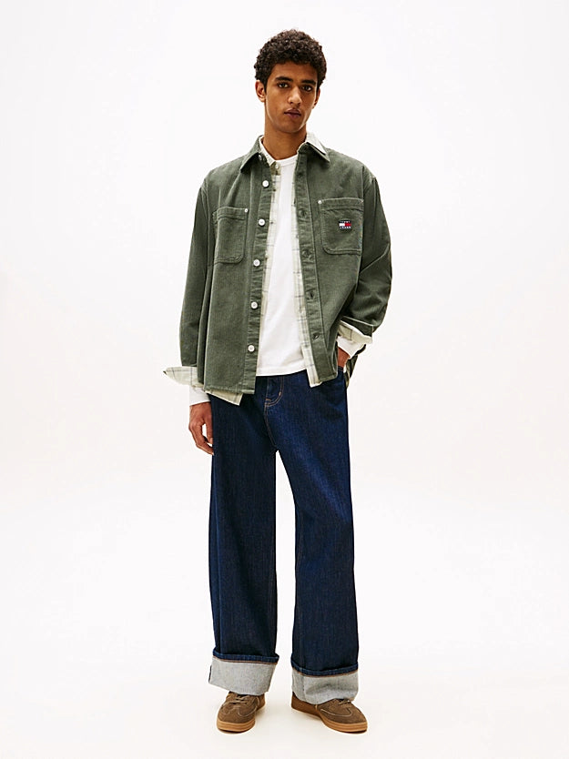 Tommy Jeans Logo Relaxed Fit Cord Overshirt Pewter Green