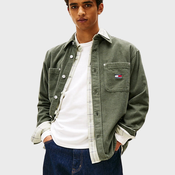 Tommy Jeans Logo Relaxed Fit Cord Overshirt Pewter Green