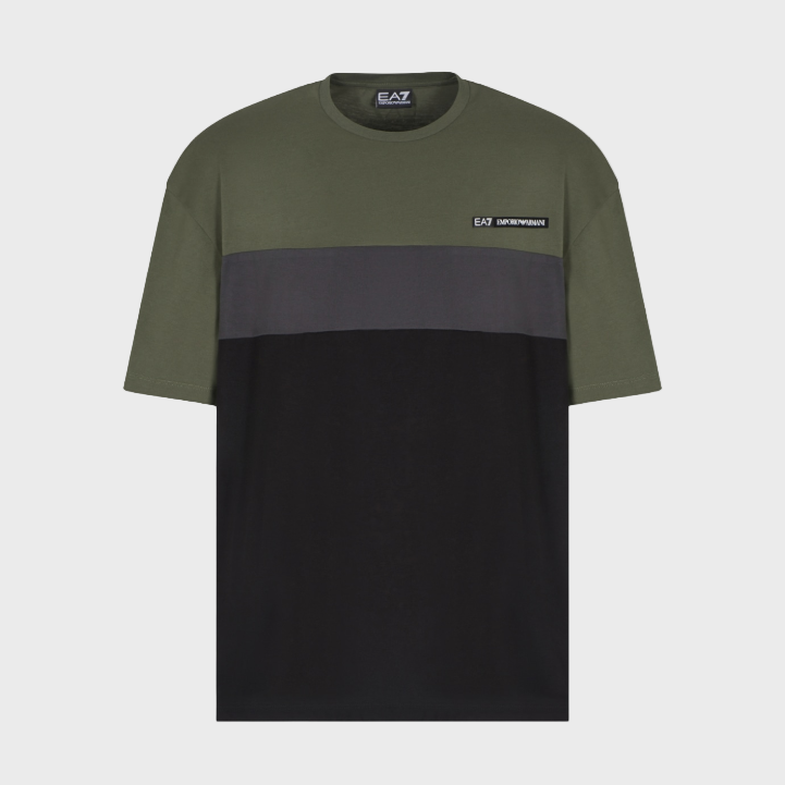 EA7 Emporio Armani 7M000935 Athletic Colour Block Cotton-Blend Crew-Neck T-Shirt - Green
