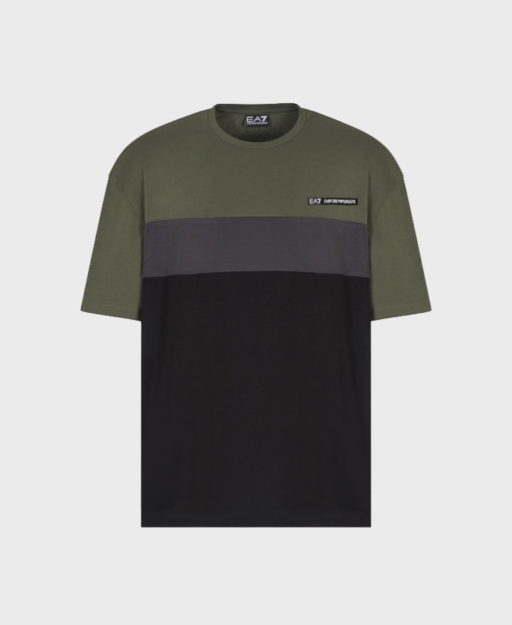 EA7 Emporio Armani 7M000935 Athletic Colour Block Cotton-Blend Crew-Neck T-Shirt - Green