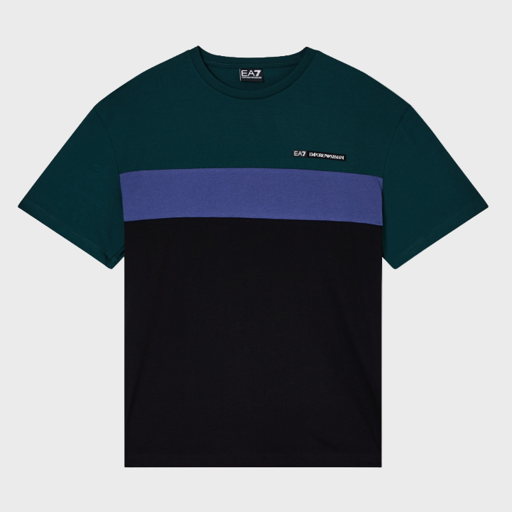 EA7 Emporio Armani 7M000935 M000935 Athletic Colour Block Cotton-Blend Crew-Neck T-Shirt - Pine Green