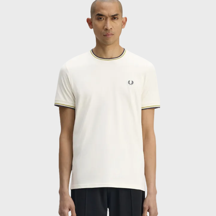 Fred Perry M1588V Twin Tipped T-Shirt - 46A Ecru/Tennis Ball Yellow/Anchor Grey