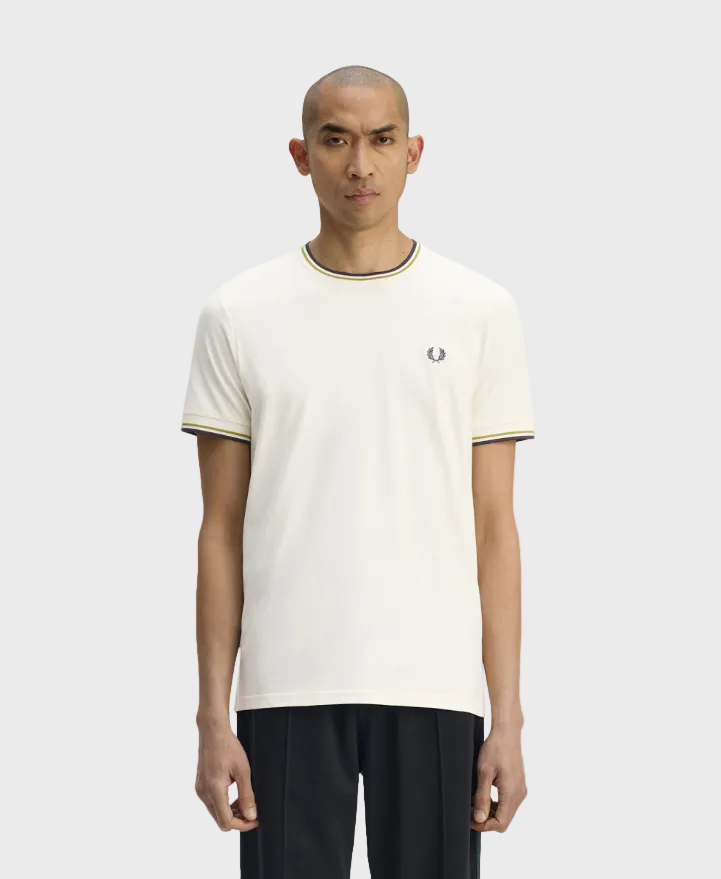 Fred Perry M1588V Twin Tipped T-Shirt - 46A Ecru/Tennis Ball Yellow/Anchor Grey