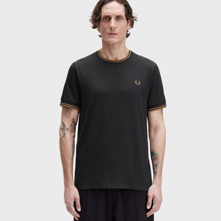 Fred Perry M1588V Twin Tipped T-Shirt - Q27 Black/Shaded Stone