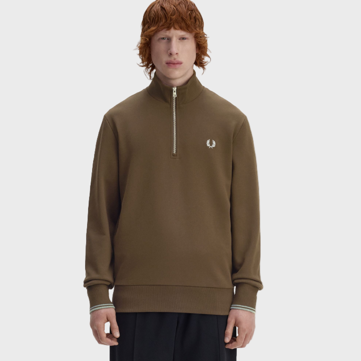 Fred Perry M3574 Half Zip Sweatshirt - 49A Burnt Tobacco/Stockport Blue