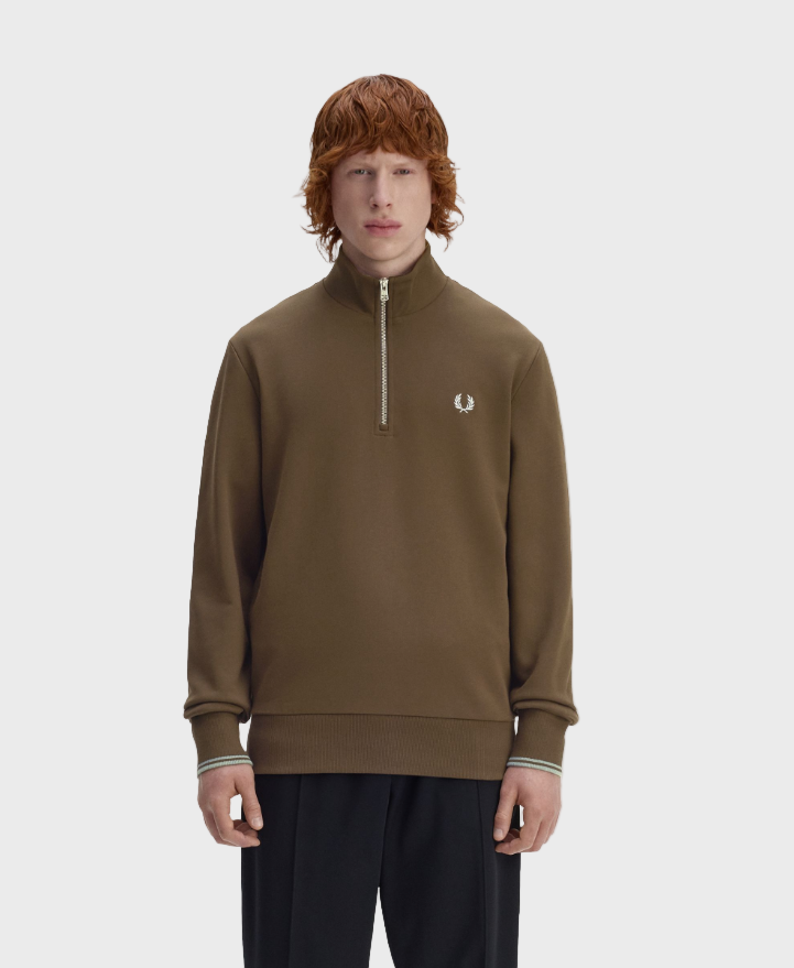 Fred Perry M3574 Half Zip Sweatshirt - 49A Burnt Tobacco/Stockport Blue