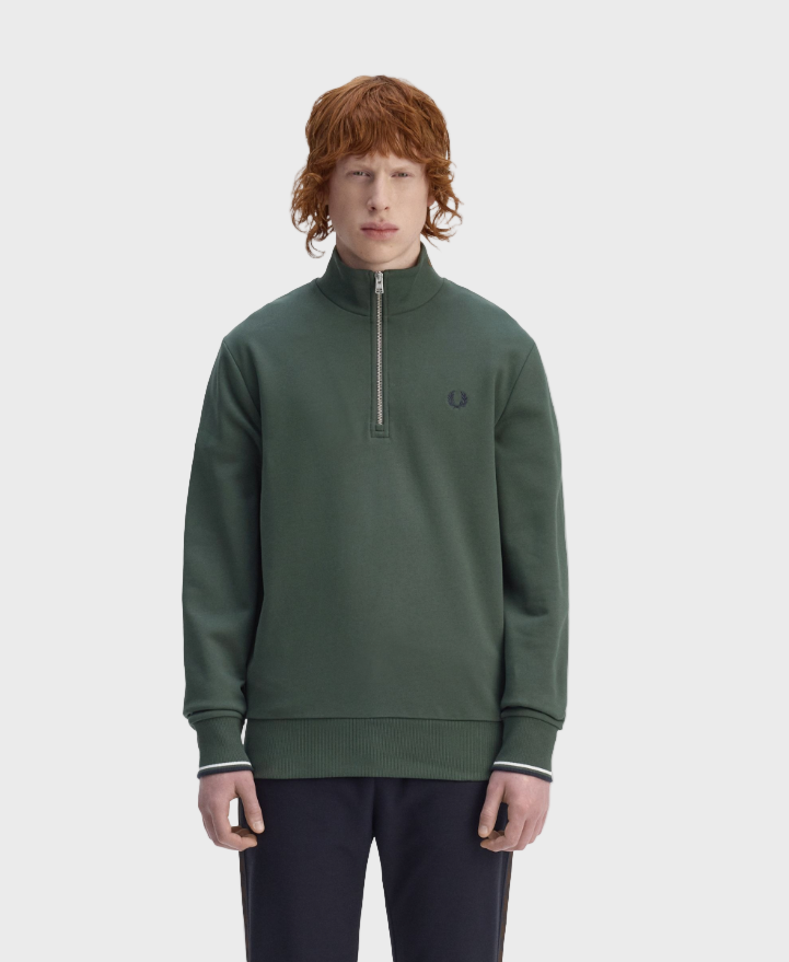 Fred Perry M3574 Half Zip Sweatshirt - 53A Court Green/Snow White/Navy