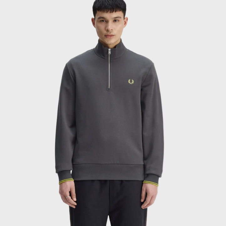 Fred Perry M3574 Half Zip Sweatshirt - 58A Anchor Grey/Tennis Ball Yellow