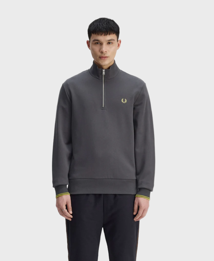 Fred Perry M3574 Half Zip Sweatshirt - 58A Anchor Grey/Tennis Ball Yellow