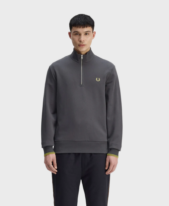 Fred Perry M3574 Half Zip Sweatshirt - 58A Anchor Grey/Tennis Ball Yellow