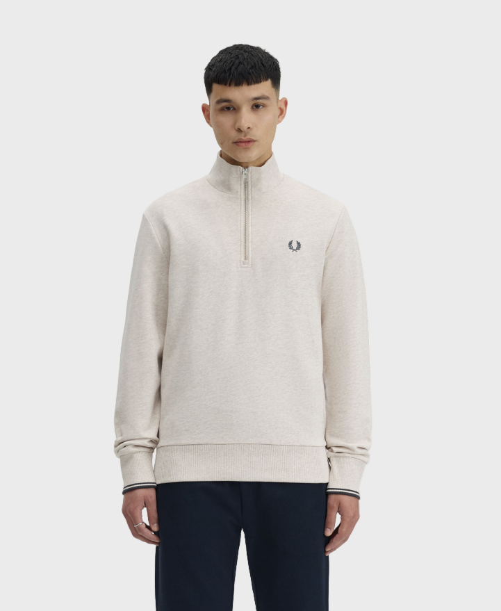 Fred Perry M3574 Half Zip Sweatshirt - W50 Porridge Marl/Anchor Grey