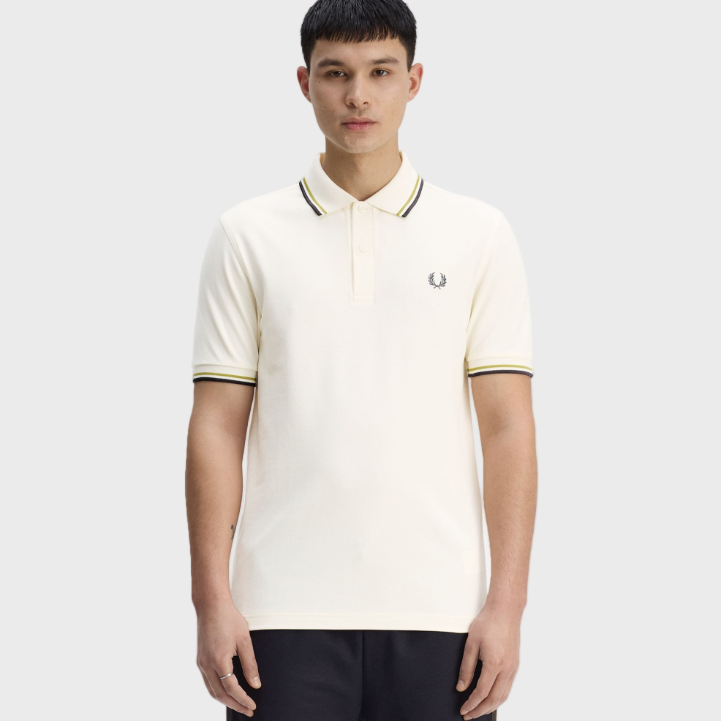 Fred Perry M3600 Twin Tipped Polo Shirt - 46A Ecru/Tennis Ball Yellow/Anchor Grey