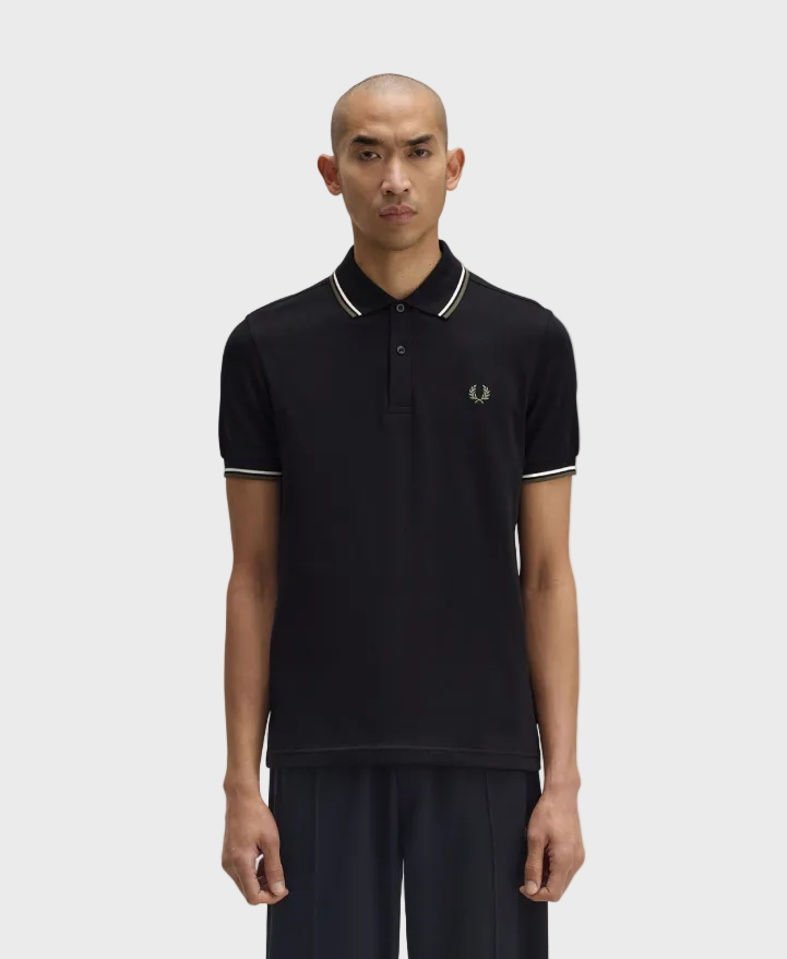 Fred Perry M3600 Twin Tipped Polo Shirt - W54 Black/Ecru/Laurel Wreath Green