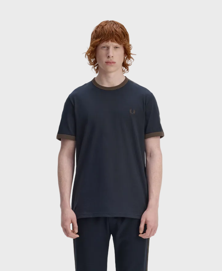 Fred Perry M4613 Contrast Tape Ringer T-Shirt - 40A Navy/Burnt Tobacco