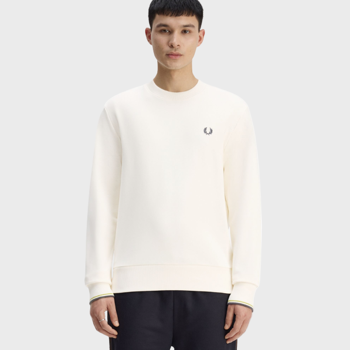 Fred Perry M7535 Crewneck Sweatshirt - 46A Ecru/Tennis Ball Yellow/Anchor Grey