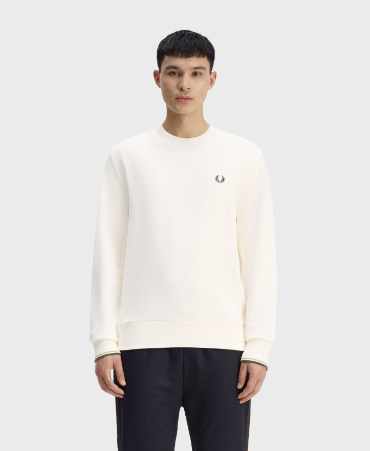 Fred Perry M7535 Crewneck Sweatshirt - 46A Ecru/Tennis Ball Yellow/Anchor Grey