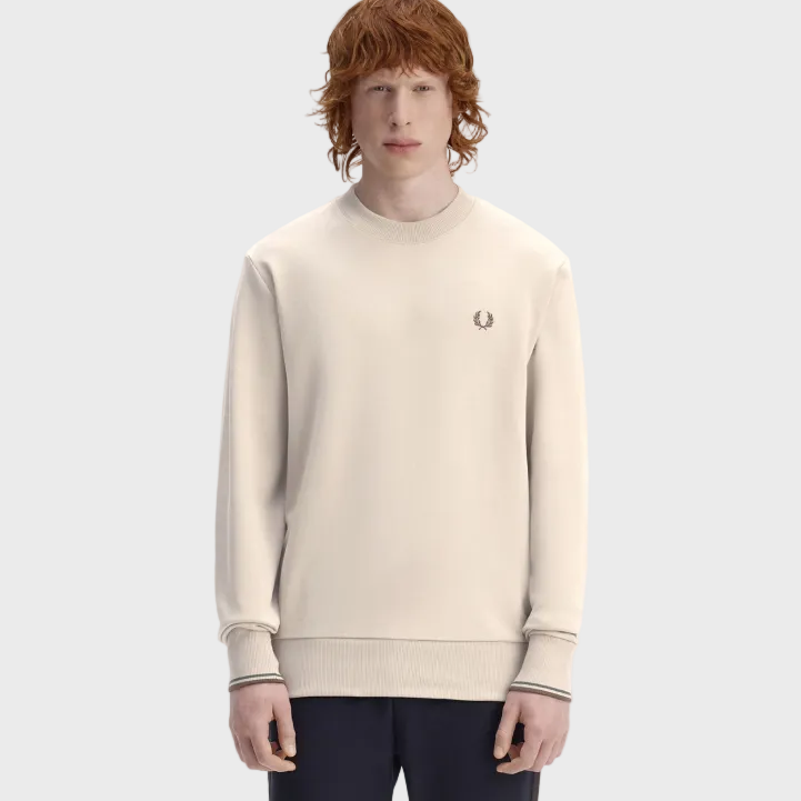Fred Perry M7535 Crewneck Sweatshirt - 50A Warm Oat/Court Green/Burnt Tobacco