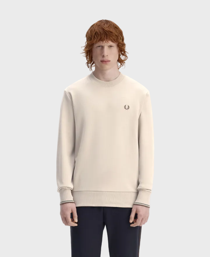 Fred Perry M7535 Crewneck Sweatshirt - 50A Warm Oat/Court Green/Burnt Tobacco