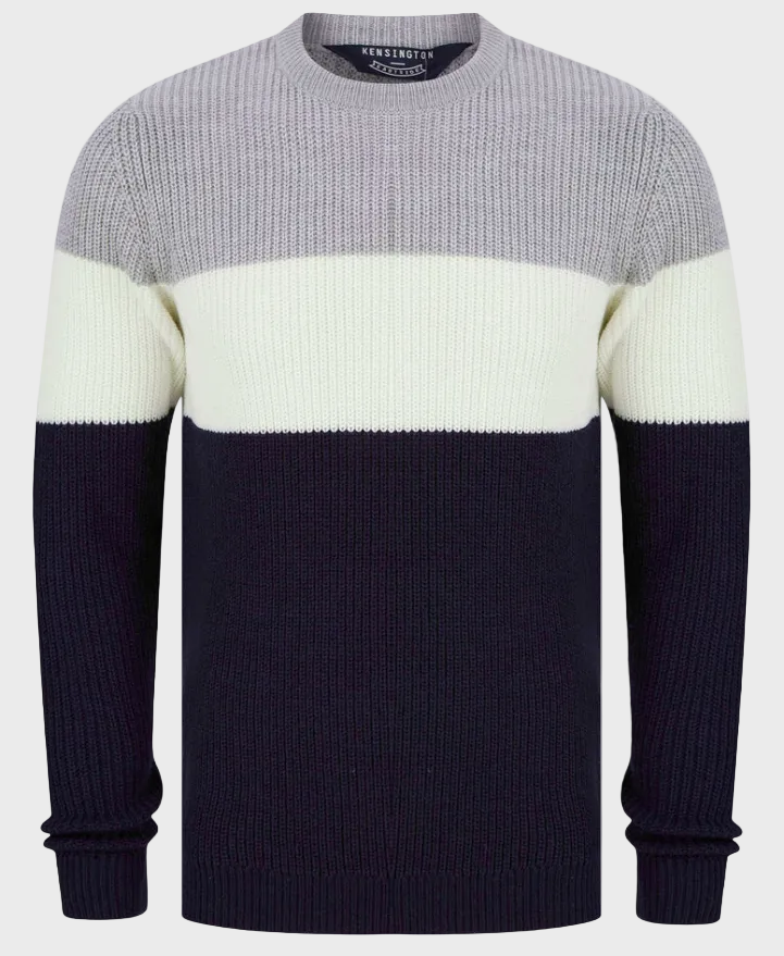 Kensington Levy Tri-Colour Block Crew Neck Soft Knitted Jumper