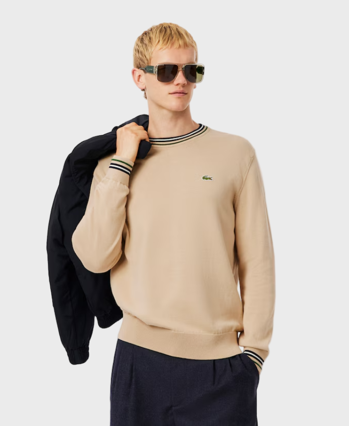 Lacoste AH5158 Striped Cotton Jersey Sweater - DV0 Beige/Navy Blue