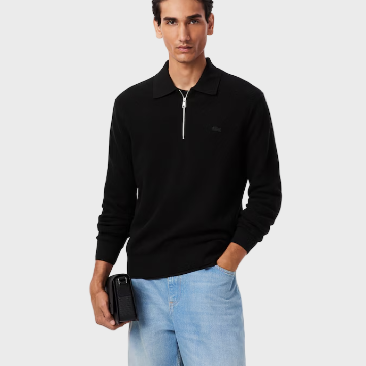 Lacoste AH5187 Cotton & Wool Blend Half-Zip Polo Collar Sweater - 031 Black