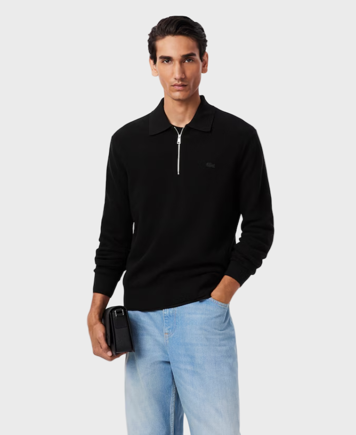 Lacoste AH5187 Cotton & Wool Blend Half-Zip Polo Collar Sweater - 031 Black